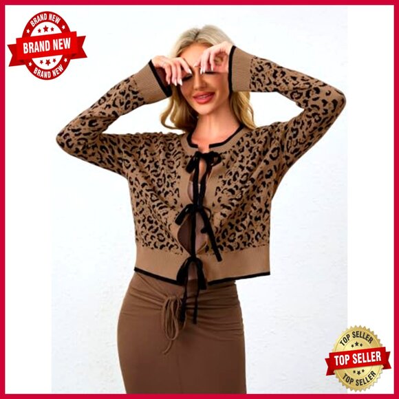 Leopard Print Bow Tie Cardigan Long Sleeve Open Front Knit Sweater Casual - Picture 3 of 7